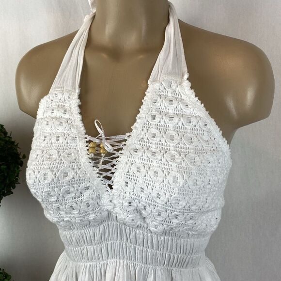 Sea Spice White Crochet Lace Asymmetric Sleeveless Halter Summer Midi Dress L - Picture 3 of 5